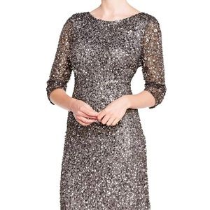 ADRIANNA PAPELL SCOOP BACK SEQUIN GOWN WITH THREE QUARTER SLEEVES